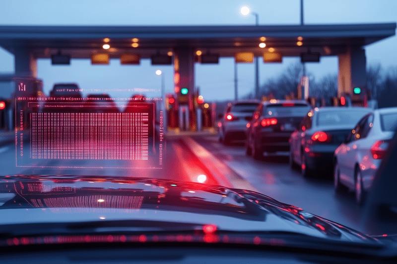 Cars queued at a toll plaza at dusk, seen through a windscreen
