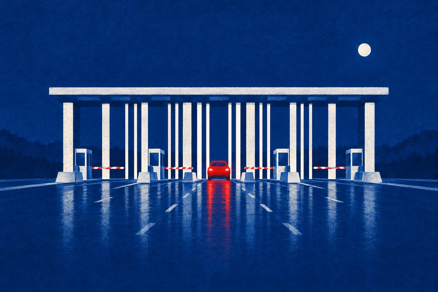 A toll plaza at night whose white pillars form a barcode, with one red car passing through