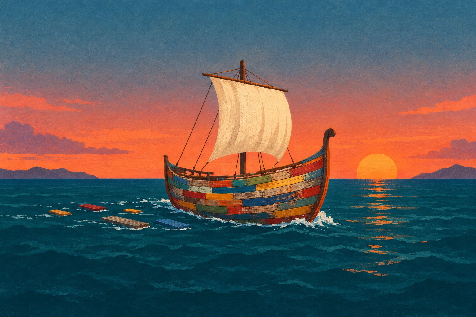 A ship of many-coloured planks sailing at sunset, old planks floating in its wake