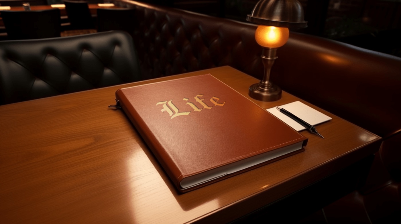 A leather-bound book titled Life on a desk under a lamp