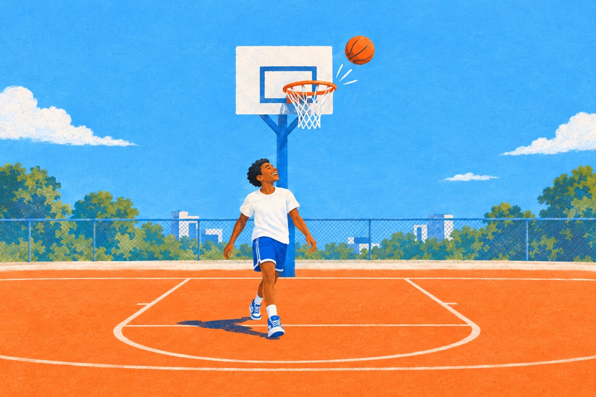 A basketball bouncing off the rim while the young player below smiles and steps forward