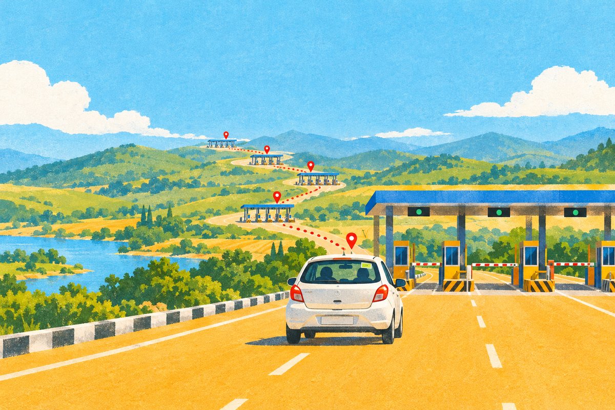 A car at a highway toll plaza, with a trail of red map pins marking every toll gate it has passed through