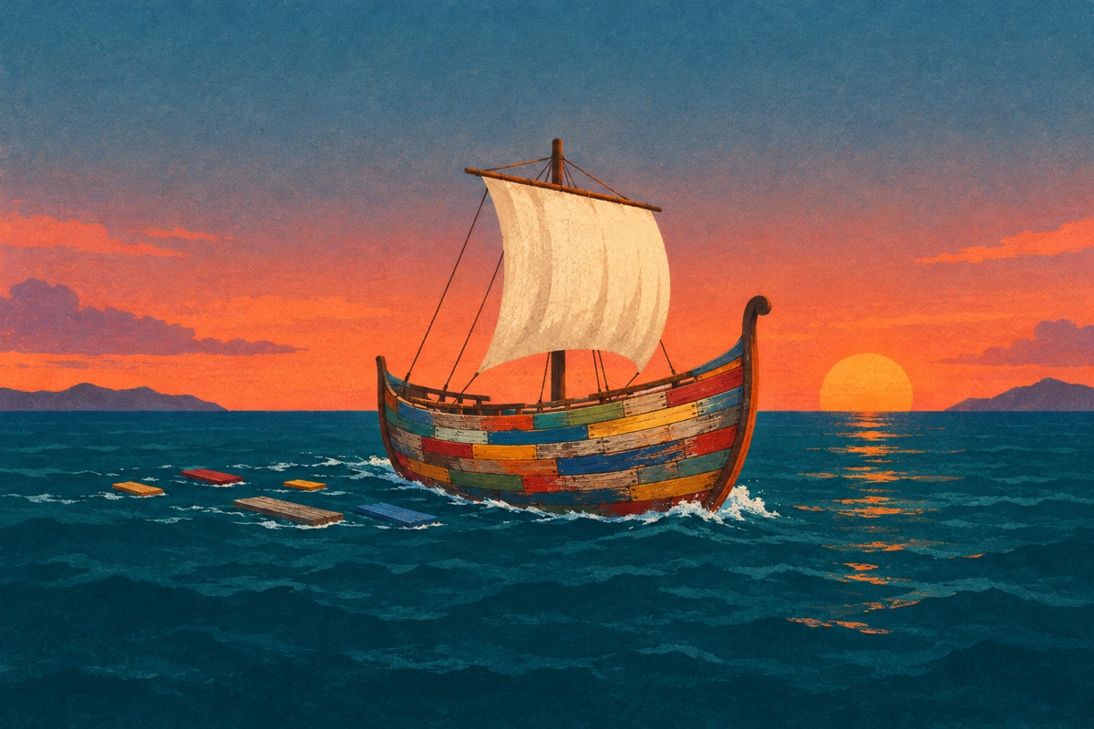 A ship of many-coloured planks sailing at sunset, old planks floating in its wake