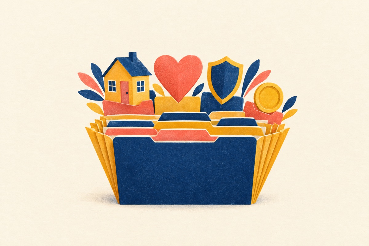An open accordion file from which a house, a heart, a shield and a coin rise
