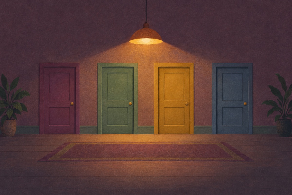 Four doors of different colours in a quiet corridor, lit by one lamp