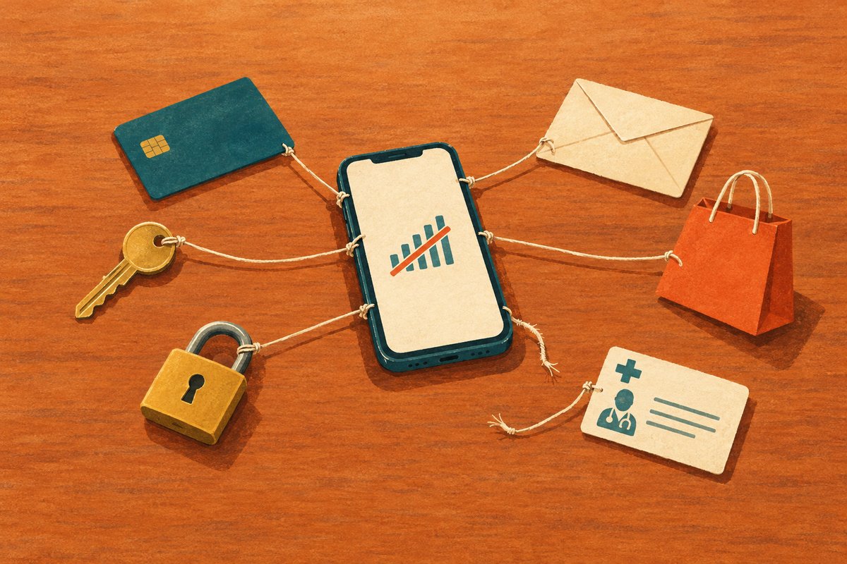A phone with no signal, tied by strings to a bank card, house key, padlock, envelope, shopping bag and medical card; one string has snapped