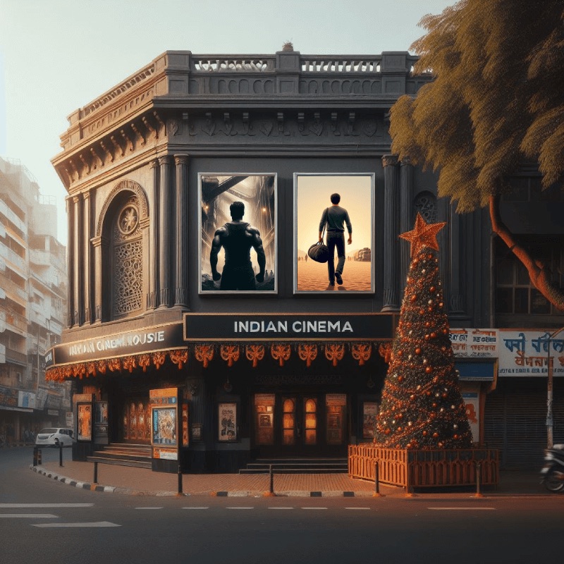 An old Indian cinema hall with two film posters and a Christmas tree outside