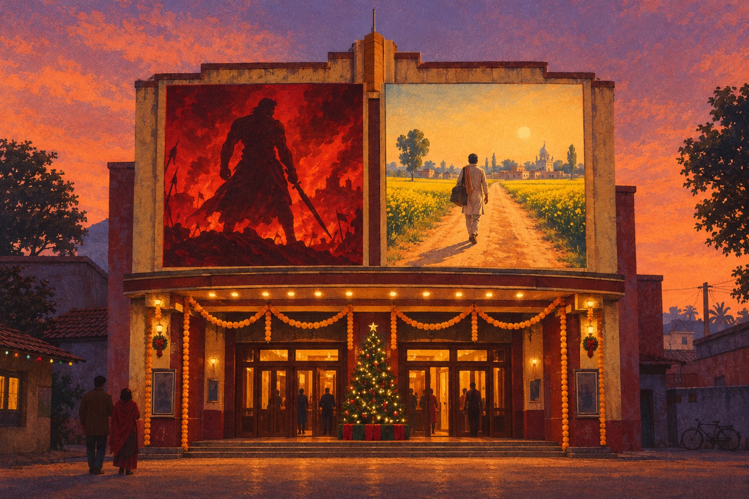 An old Indian cinema hall at Christmas with two posters: a warrior against fire, and a man walking home through mustard fields