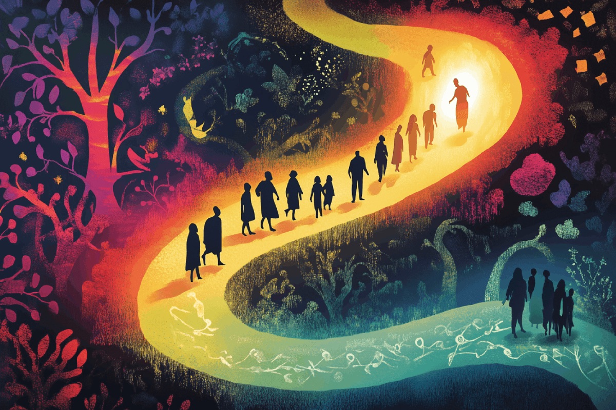 Silhouetted people walking a glowing winding path through a colourful forest