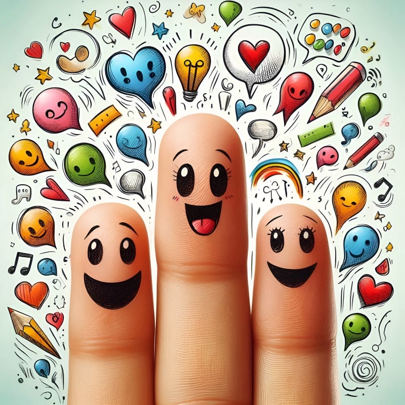 Three smiling cartoon fingers surrounded by hearts, speech bubbles and doodles