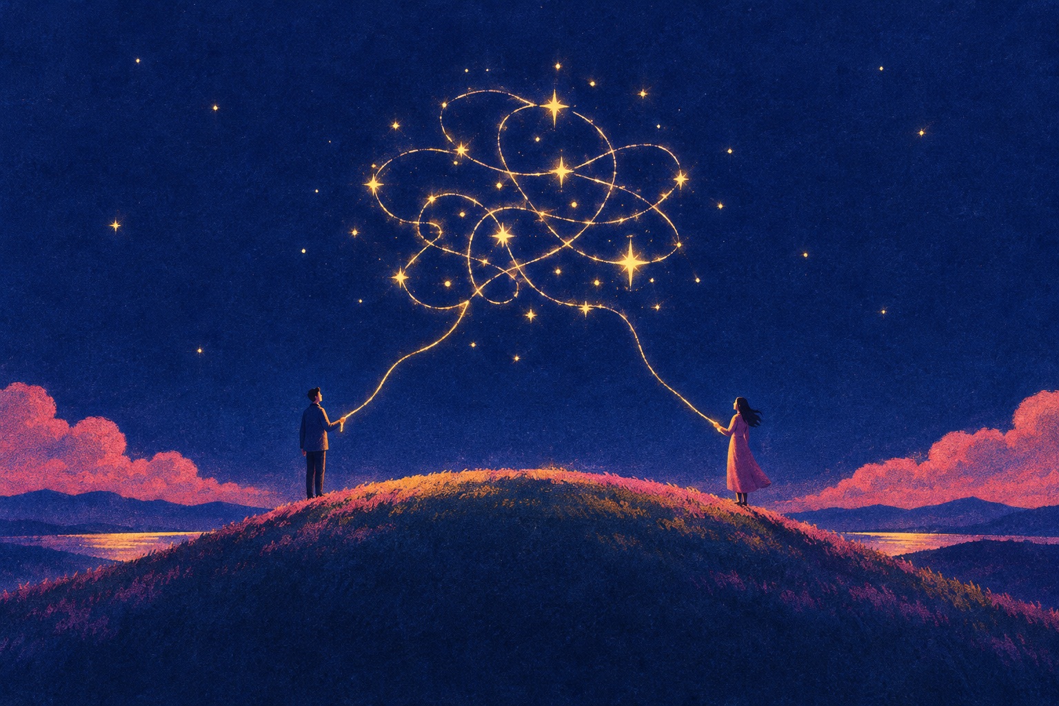 Two people on a hill at night, joined by a glowing thread that tangles into a constellation