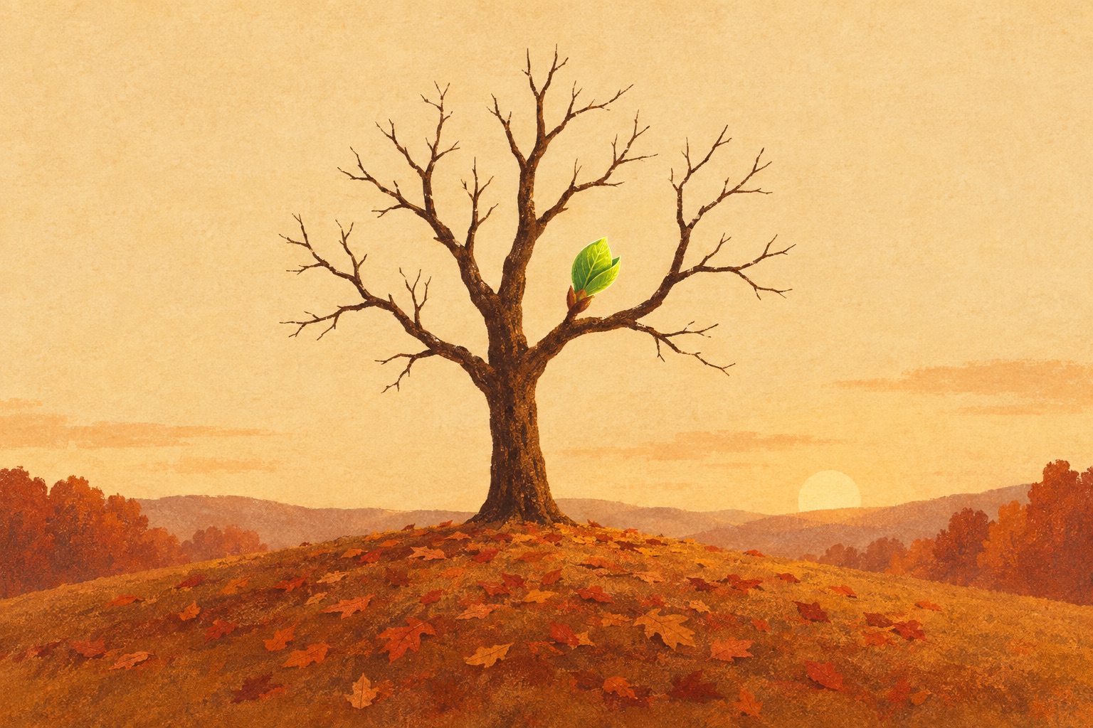 A bare tree on an autumn hill with one bright green bud