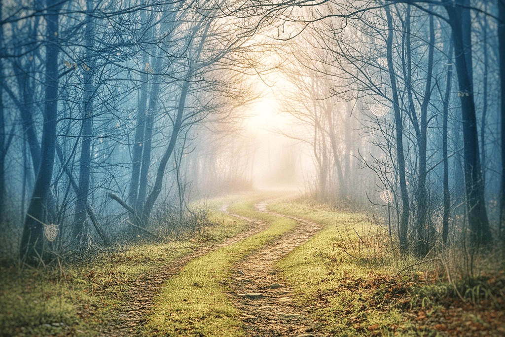 A misty forest path leading towards a pale light
