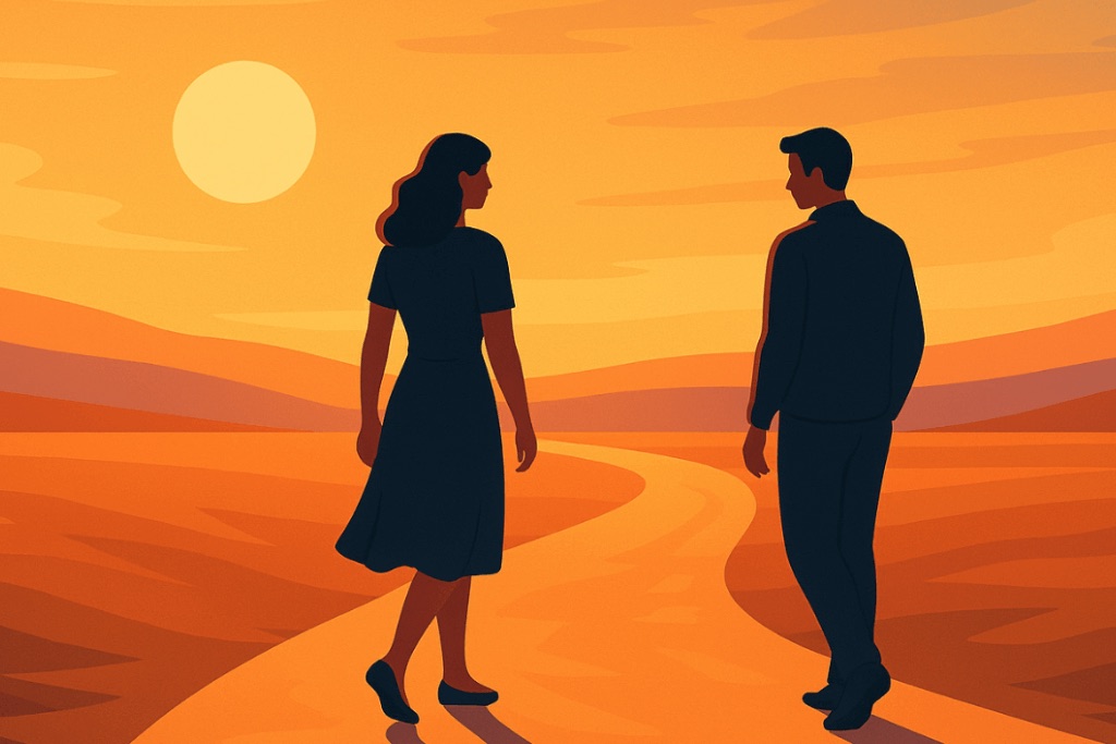 Illustration of a man and a woman walking a winding path at sunset