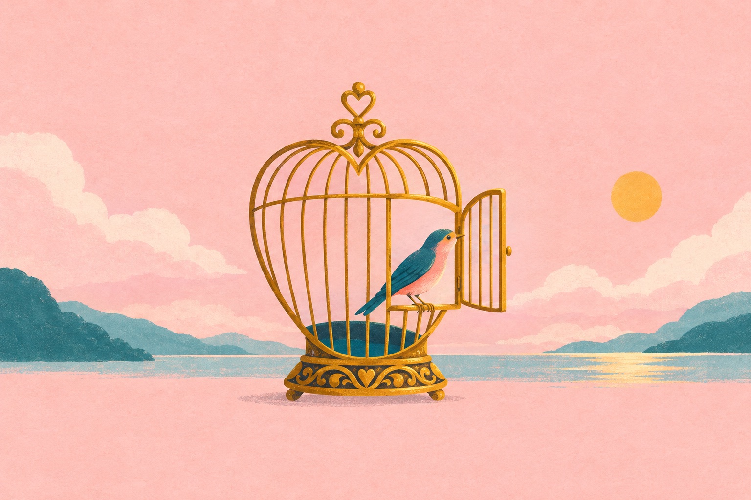 A bird on the threshold of an open heart-shaped cage