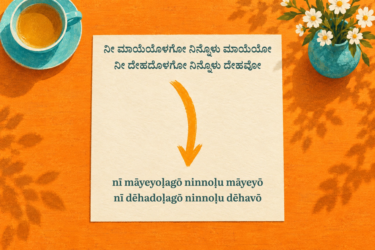 Two lines of a Kannada verse on paper, an arrow, and their ISO 15919 Latin transliteration