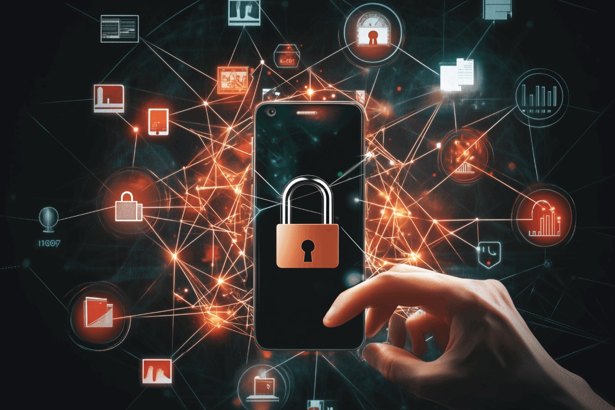 A hand holding a locked phone at the centre of a web of app icons