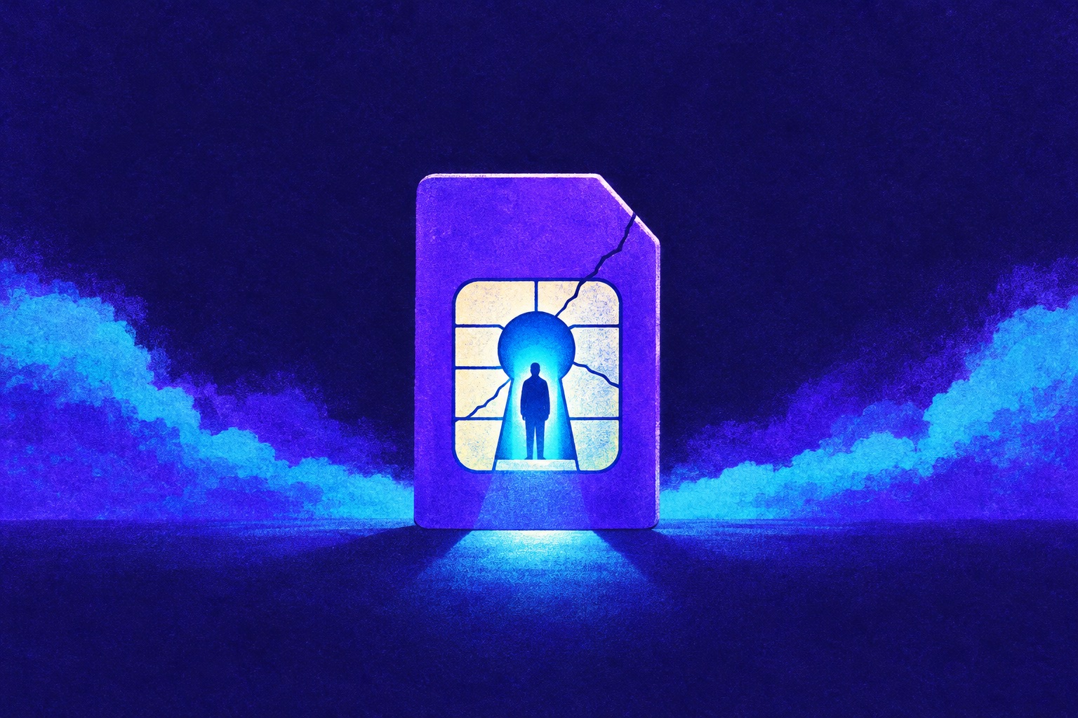A cracked SIM card with a keyhole, a person's silhouette inside it